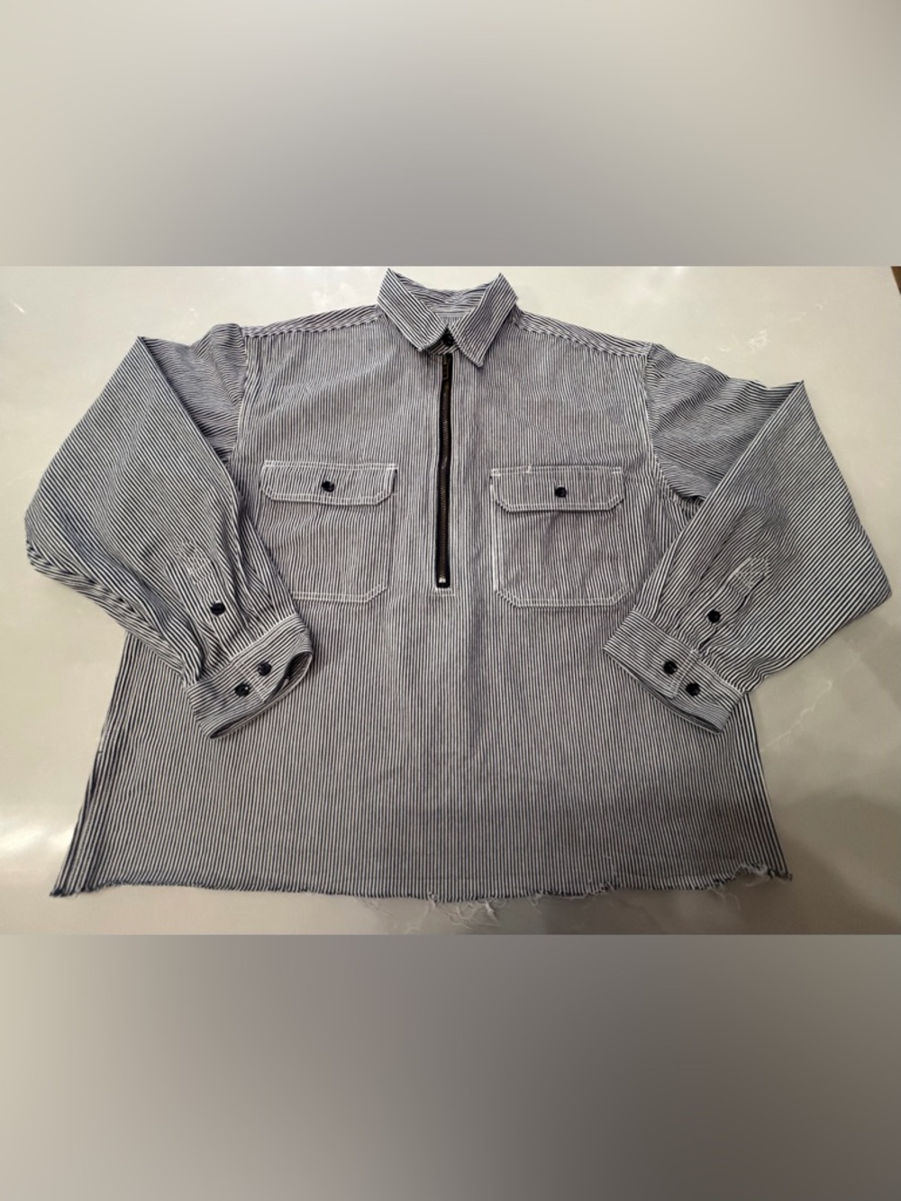 KEY Imperial Hickory Striped Half-Zip Railroad Worker Shirt Jacket, Cropped Hem